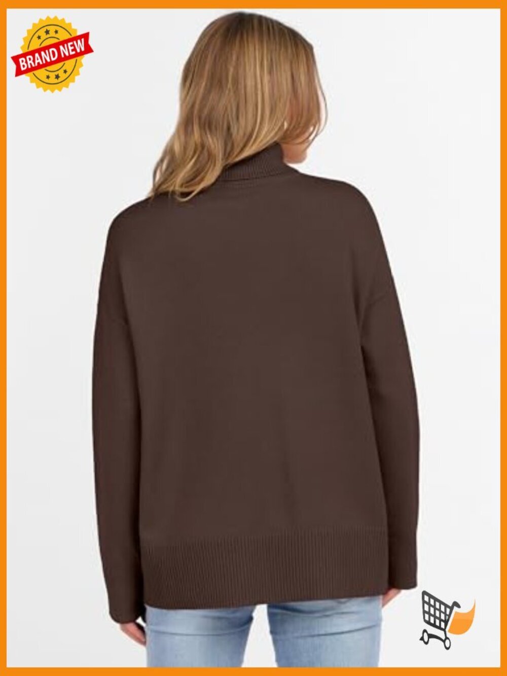 Oversized Chunky Knit Turtleneck Sweater Pullover Long Sleeve High Low Hem - Picture 5 of 7